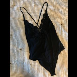 Black bodysuit deep v lace crochet open back